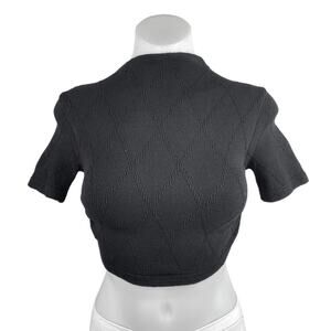 Zara Black Short Sleeve Argyle Tie Back Knit Cutout Mock Neck Crop Top Size M/L